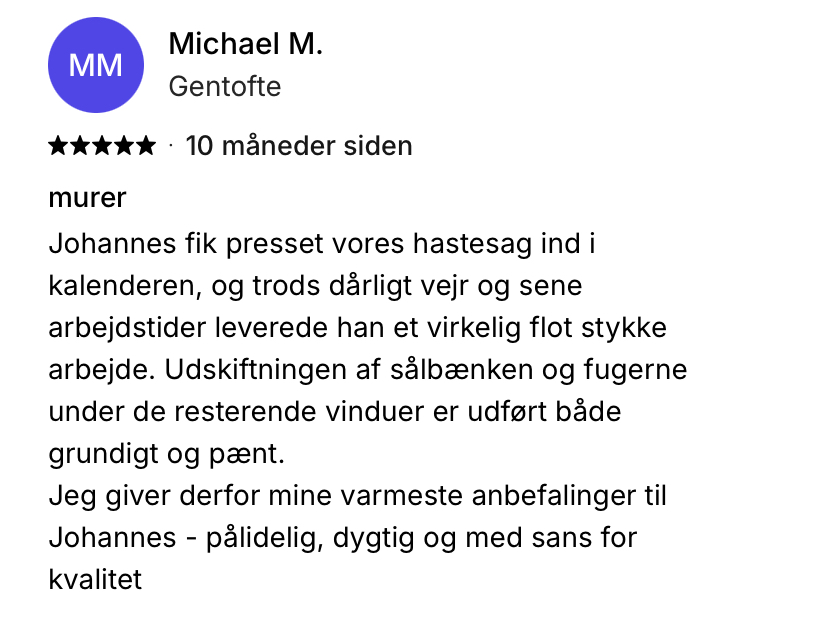 Femstjernet kundeanmeldelse af Skjoldungernes Murerentreprise