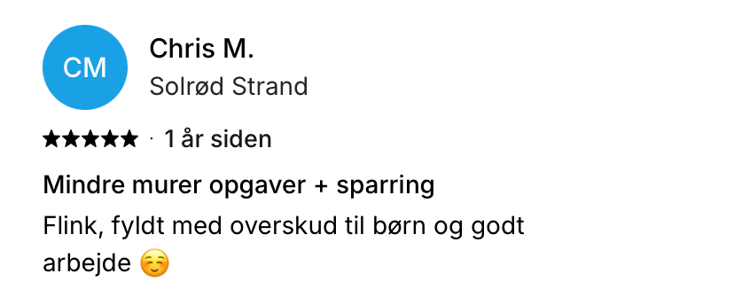 Femstjernet kundeanmeldelse af Skjoldungernes Murerentreprise